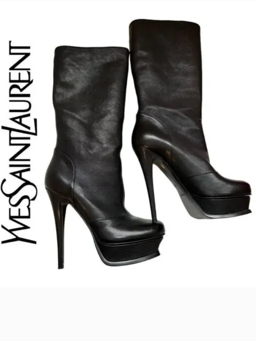 Yves Saint Laurent Tribute Platform Black Leather Boots. Below Knee